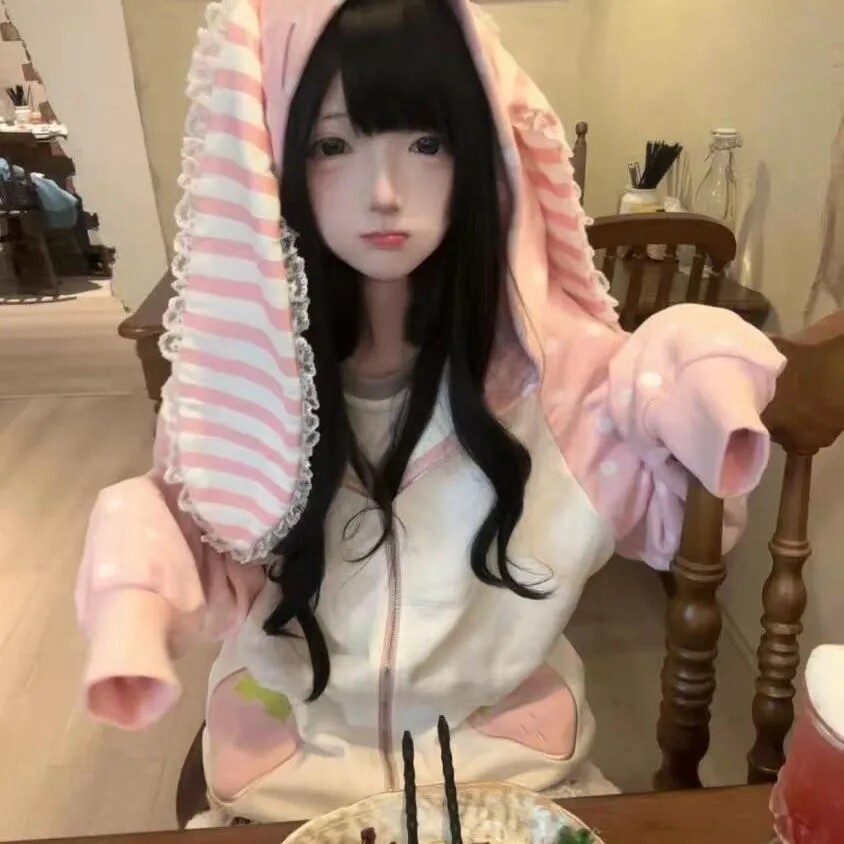 两件套休闲日系软萌妹兔耳朵连帽卫衣女宽松蕾丝拼接撞色波点外套