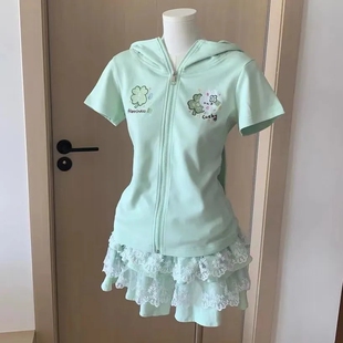 现货兔耳朵日系连帽宅宅萌感修身亚文化卫衣拉链外套短袖上衣T恤