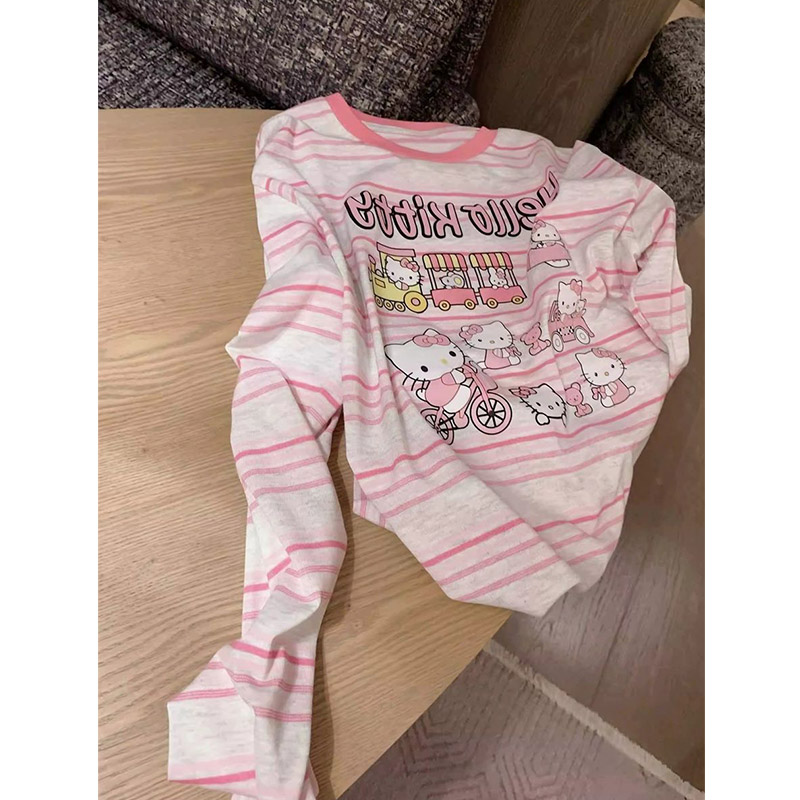 条纹Hellokitty猫咪长袖t恤女春