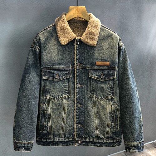 冬季美式加绒仿羊羔绒棉衣外套男新款加厚保暖大码牛仔夹克棉服潮