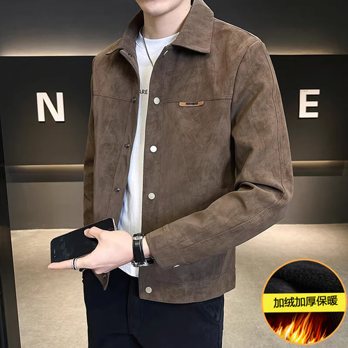 加绒加厚皮夹克外套男