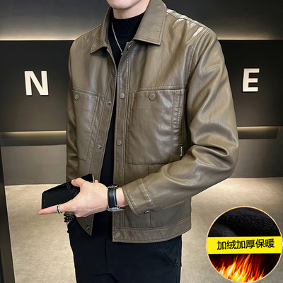 潮牌翻领冬季修身时尚皮夹克