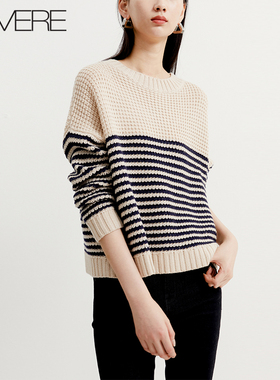 戎美【ZZ0922644】优雅风潮C位 慵懒惬意感条纹笈致全羊毛针织衫
