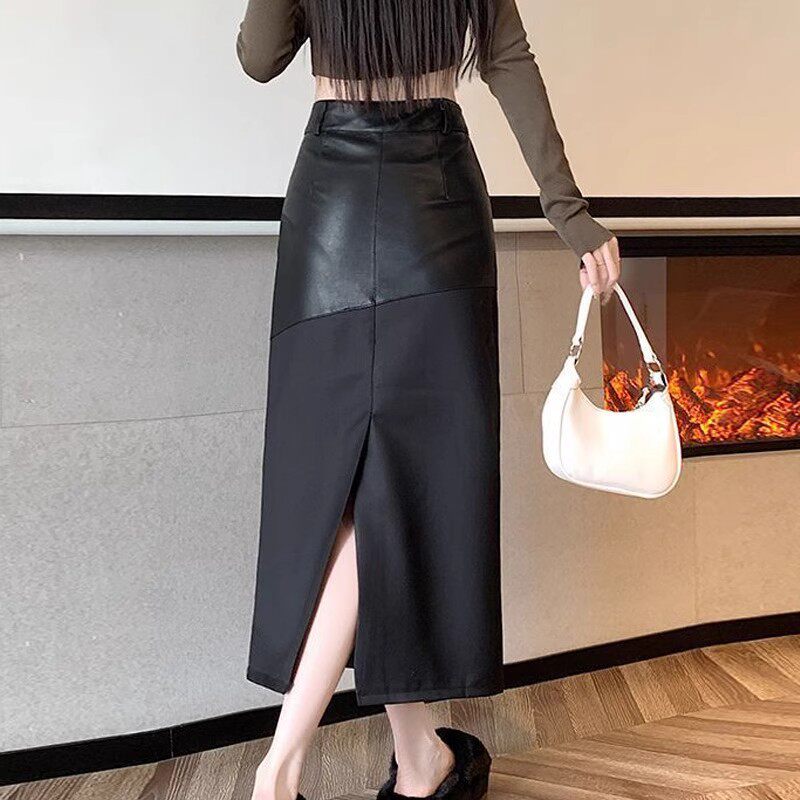 黑色pu皮拼接西装半身裙女秋季高腰a字裙中长款后开叉直筒包臀裙