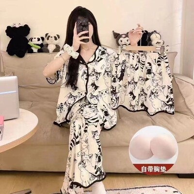 爆款Leisure Wear高级睡衣夏天网红三件套开衫休闲简约短袖家居服