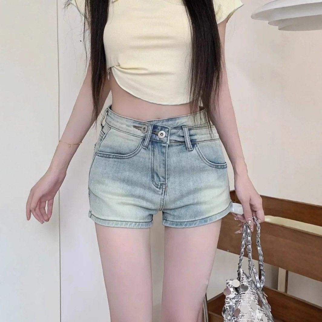 【韩牛】浅色牛仔短裤女做旧不规则复古高腰辣妹修身显瘦包臀热裤