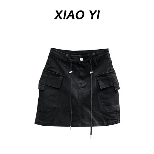 复古抽绳系带工装牛仔半身裙女秋季新款辣妹高腰百搭A字包臀短裙