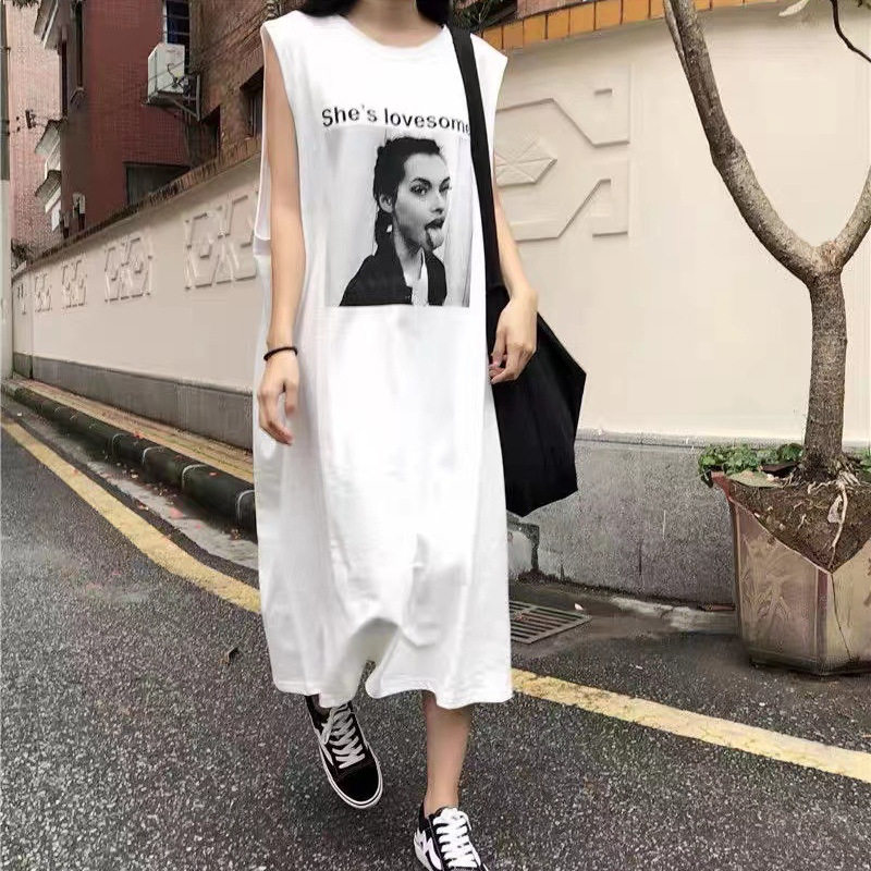 亚马逊韩版女装头像印花减龄无袖T恤慵懒风休闲宽松显瘦中长款裙
