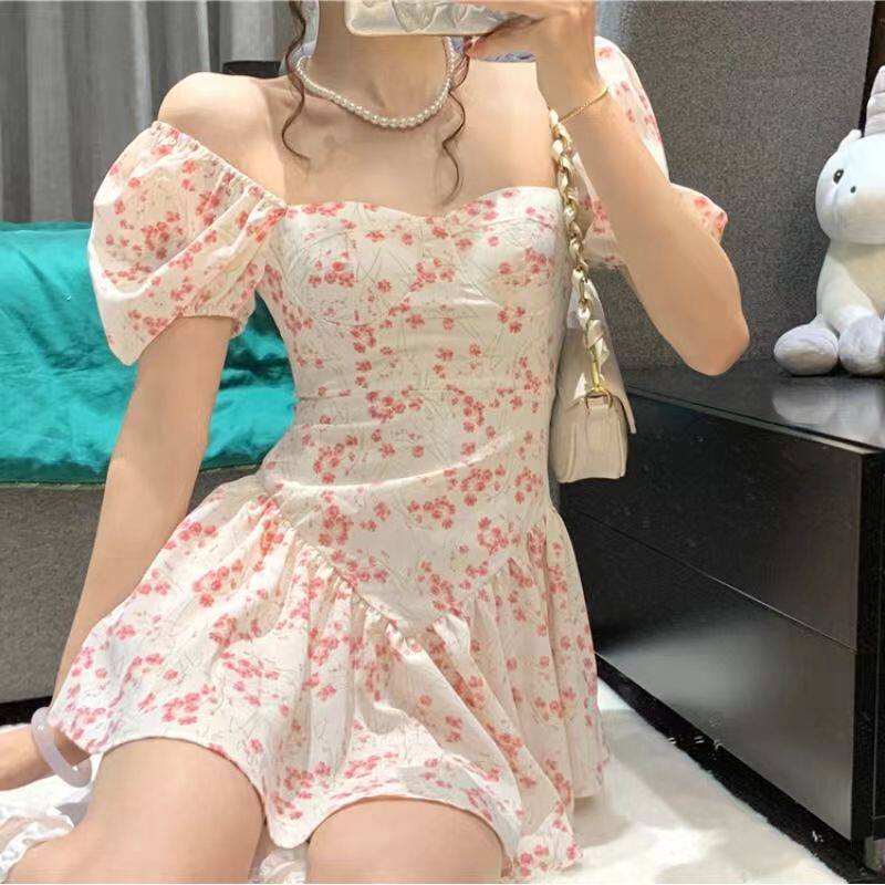 均码女士甜美风连体泳衣碎花泡泡袖收腰显不规则裙摆游泳装厂家