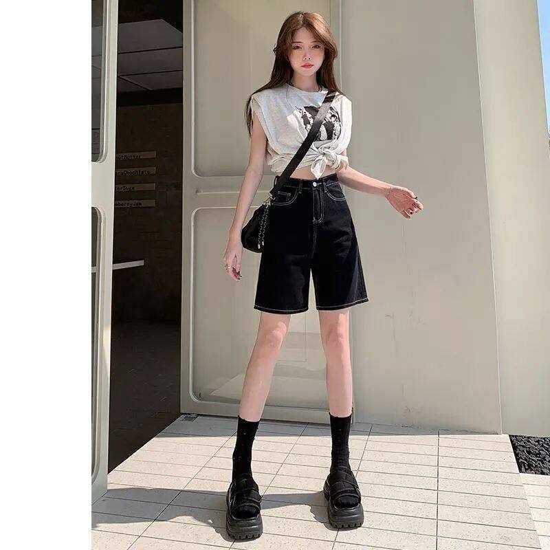 黑色五分牛仔短裤女2026年夏季新款高腰阔腿宽松显瘦刺绣a字热裤