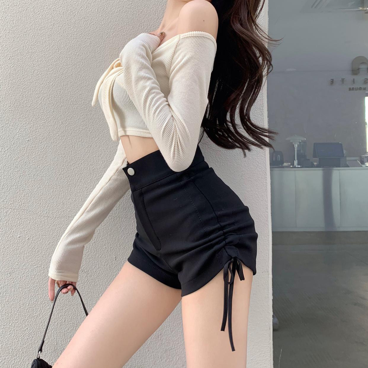 胖大码阔腿黑色高腰热紧身裤女夏薄款辣妹A西装短裤显瘦遮胯字MM