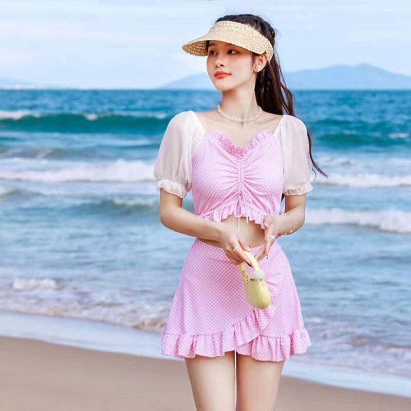 女士甜美风分体泳衣波点网纱泡泡袖抽绳褶皱遮肚显瘦裙式游泳装