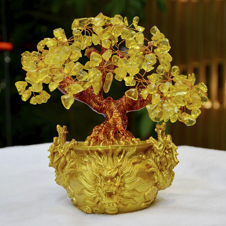 黄水晶花树 龙年r花树龙年黄水晶花树摆ia件家居装饰品招财转运