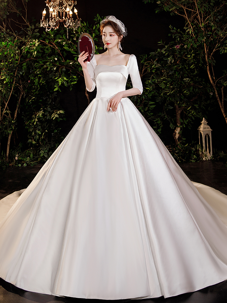 French satin main wedding dress 2022 new bride simple atmosphere high-quality texture retro Hepburn style trailing thin