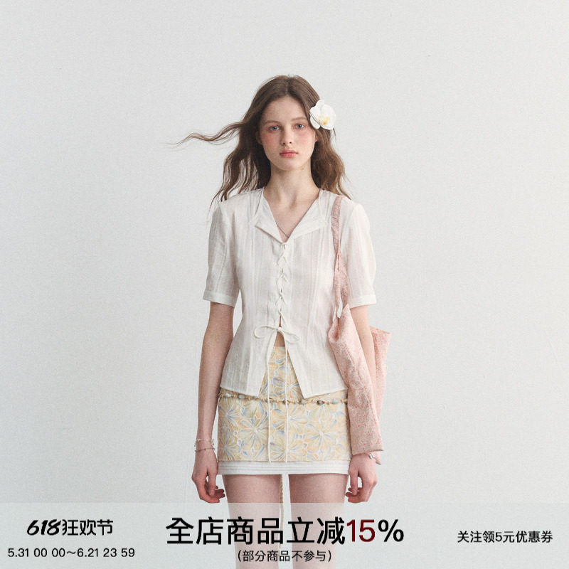 SPEAR YOUTH“一眼沦陷”纯棉白色条纹肌理感绑带衬衫宽松短袖t恤
