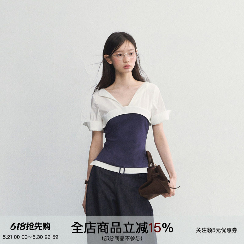 SPEAR YOUTH“冰川情书”蓝白拼接撞色v领短袖高弹收腰衬衫上衣