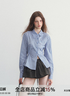 SPEAR YOUTH“降落窗口”原创设计不规则领收腰蓝色格纹衬衫长袖