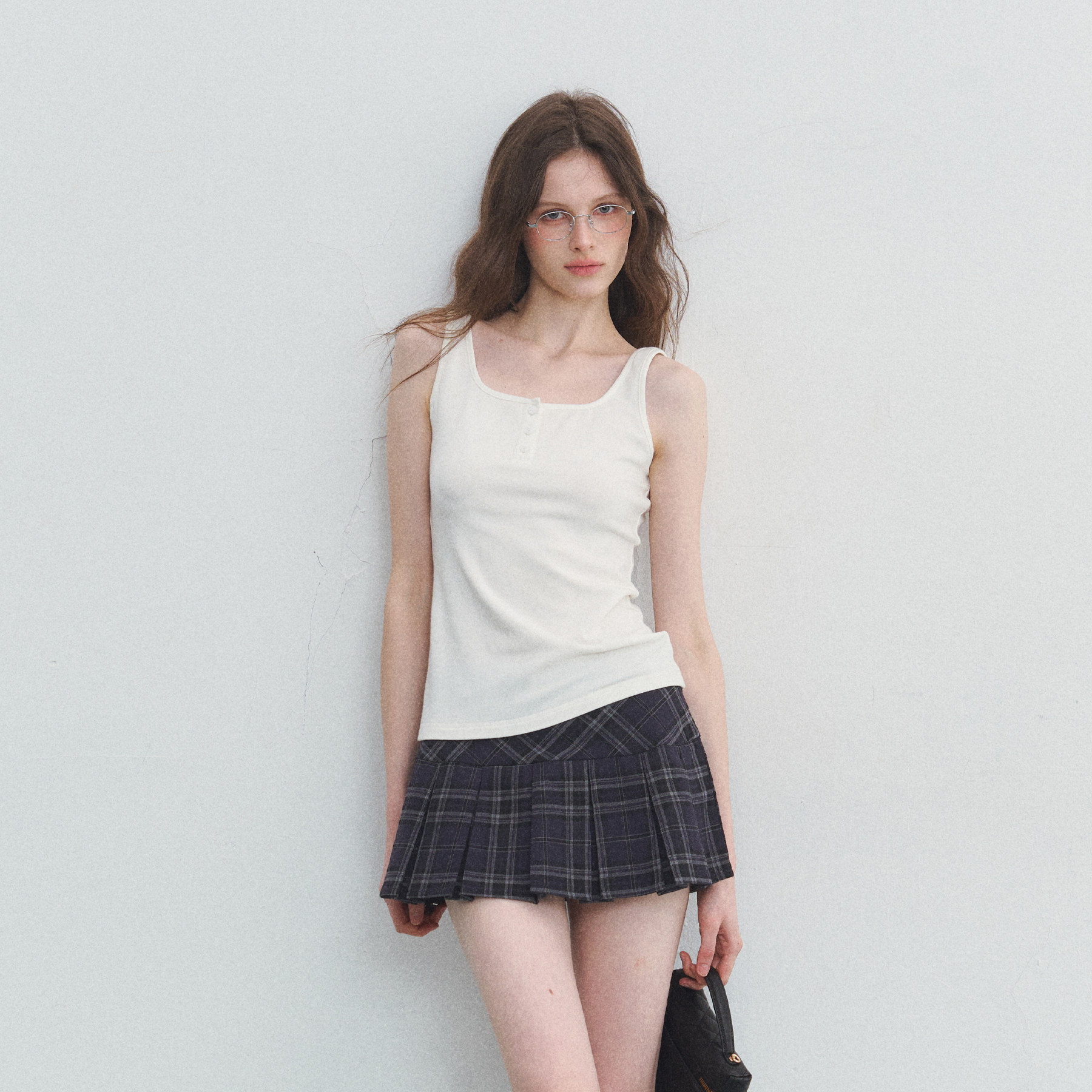 SPEAR YOUTH“只有你”亨利U领吊带高弹背心纽扣修身吊带打底上衣