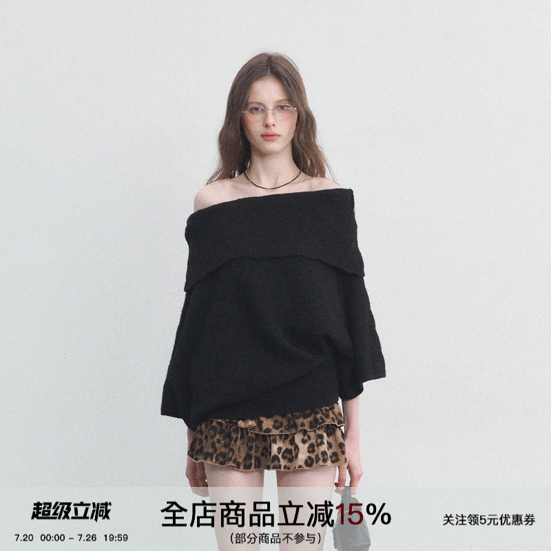 SPEAR YOUTH&ldquo;柏林迷雾&rdquo;羊毛驳纹一字肩不规则针织衫七分袖毛衣