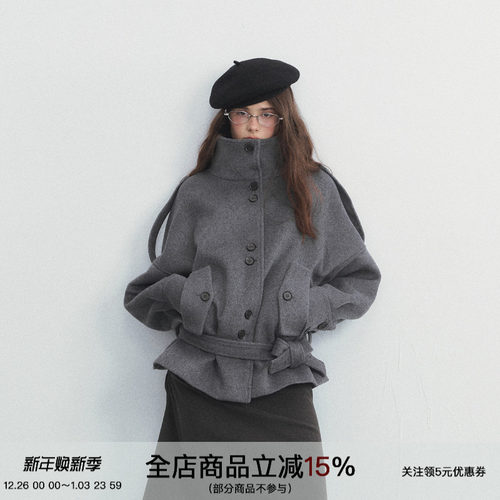 羊毛绑带收腰大衣加厚立领外套