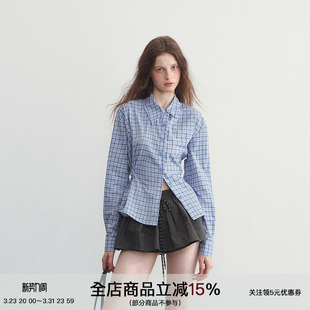 长袖 SPEAR 原创设计不规则领收腰蓝色格纹衬衫 降落窗口 YOUTH