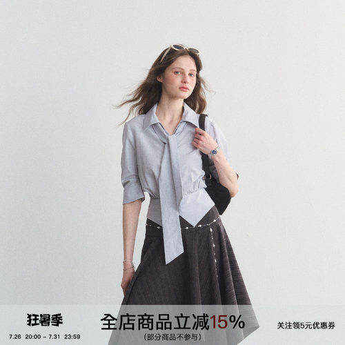 通勤天丝亚麻收腰系带短袖衬衫