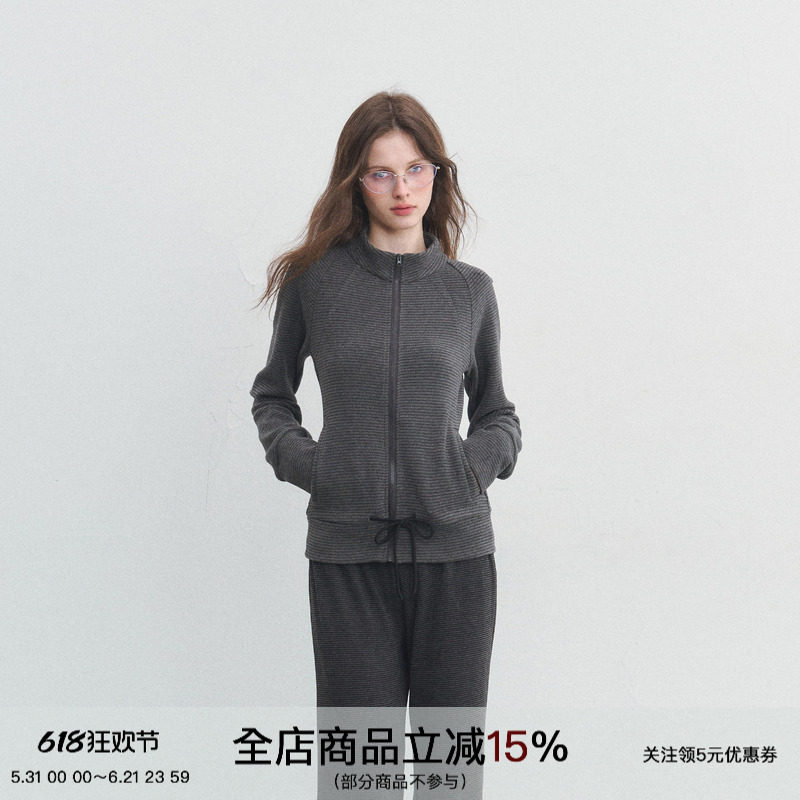 SPEAR YOUTH“生活留白”黑灰条纹圆领开衫卫衣抽绳收腰上衣外套