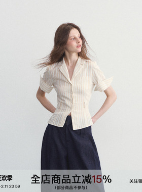 SPEAR YOUTH“菊次郎的夏天”原创西装领条纹短袖t恤衬衫收腰上衣