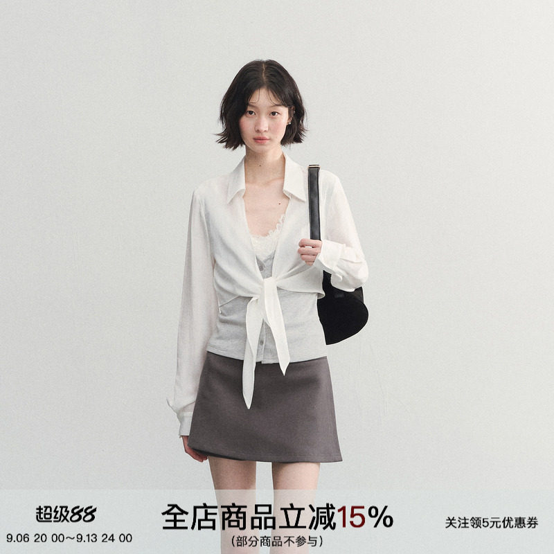 SPEAR YOUTH&ldquo;呼吸感&rdquo;天丝假两件绑带收腰长袖衬衫拼接随性上衣