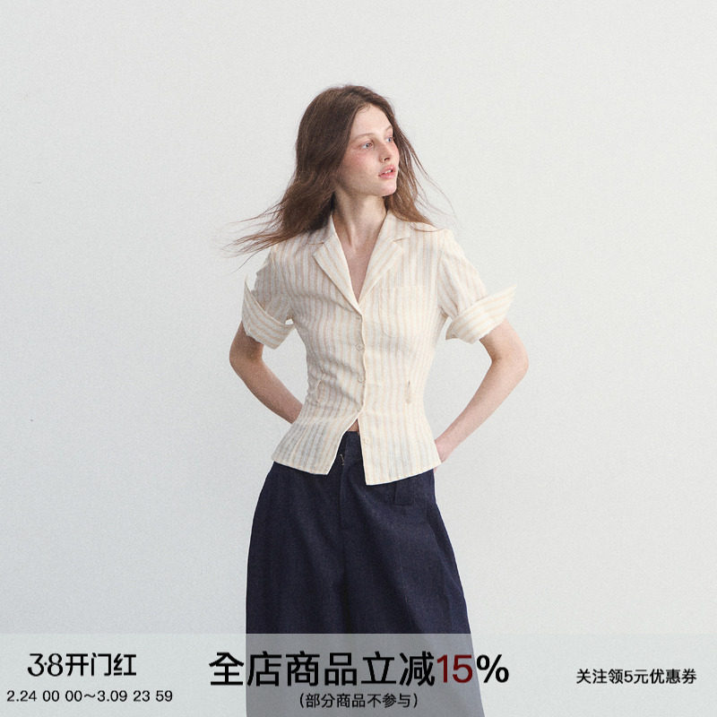 SPEAR YOUTH“菊次郎的夏天”原创西装领条纹短袖t恤衬衫收腰上衣