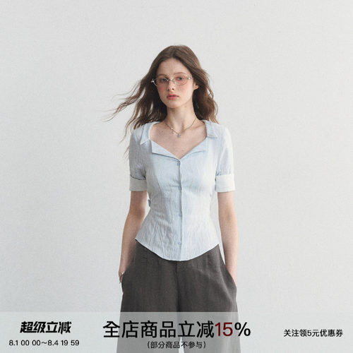 海盐coco条纹收腰短袖T恤衬衫