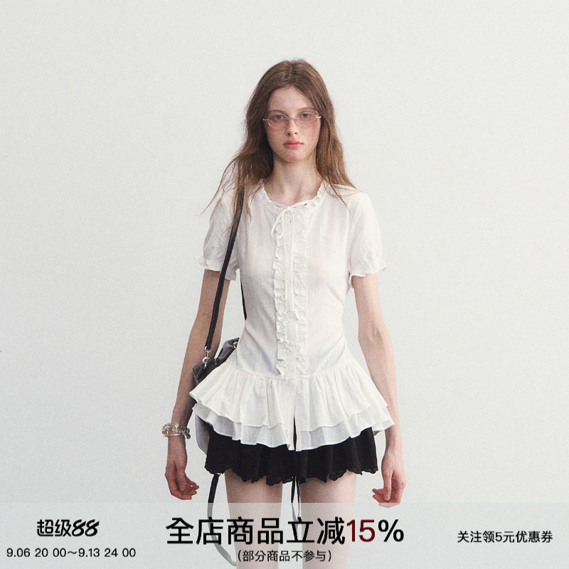 SPEAR YOUTH“小夏日和”纯白荷叶边拼接上衣韩系收腰短袖T恤衬衫图片