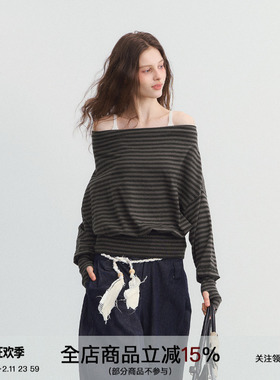 SPEAR YOUTH“遐想思绪”条纹一字肩针织衫蝙蝠袖长袖上衣毛衣