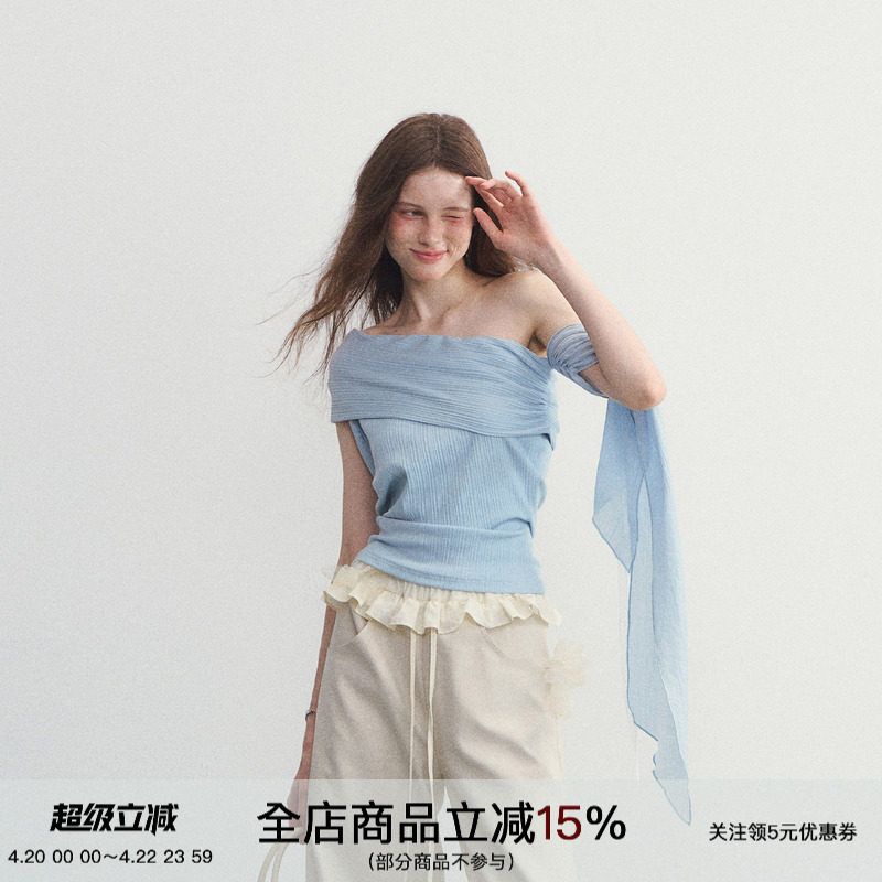 SPEAR YOUTH“扑面而来”原创飘带一字肩针织短袖t恤修身显瘦上衣