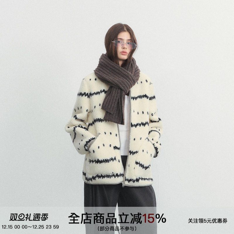 北欧简约拉链上衣波浪点羊羔毛