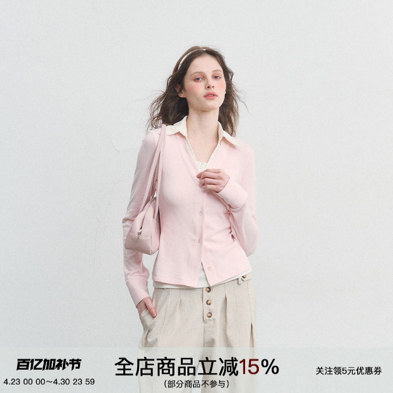 SPEAR YOUTH&ldquo;浪漫存档&rdquo;假两件收腰v领打底撞色拼接修身衬衫上衣