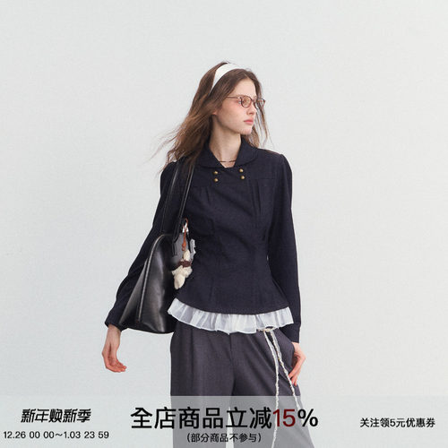 双排扣打褶收腰衬衫通勤拼接上衣