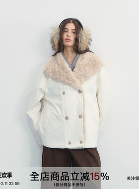 SPEAR YOUTH“轻抚你”大翻领双排扣外套毛毛拼接棉服高领上衣