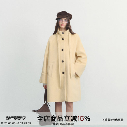 高知c位淡黄毛呢大衣长款