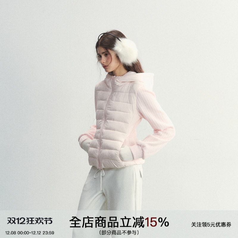 针织拼接短款修身排骨羽绒服