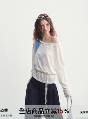 SPEAR YOUTH“掬一捧清泉”原创上衣白色印花斜肩花边打底长袖t恤