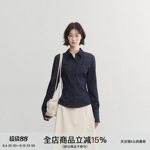 复古原牛牛仔长袖收腰衬衫