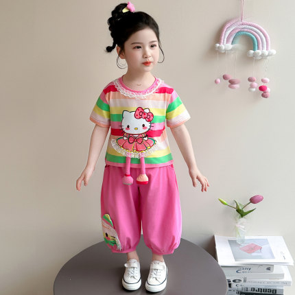 女宝宝夏天套装女孩衣服女童夏装2026新款儿童夏季彩条猫咪两件套
