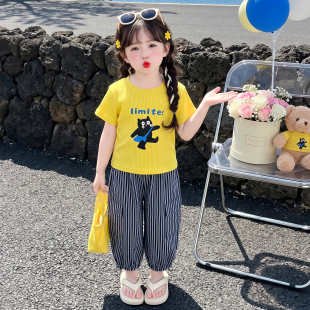 女童竖条套装夏季女宝宝短袖洋气时髦两件套儿童夏装衣服2026新款