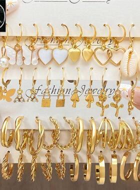 Women Trendy Jewerly Gold Pearl Hoop Earrings Set