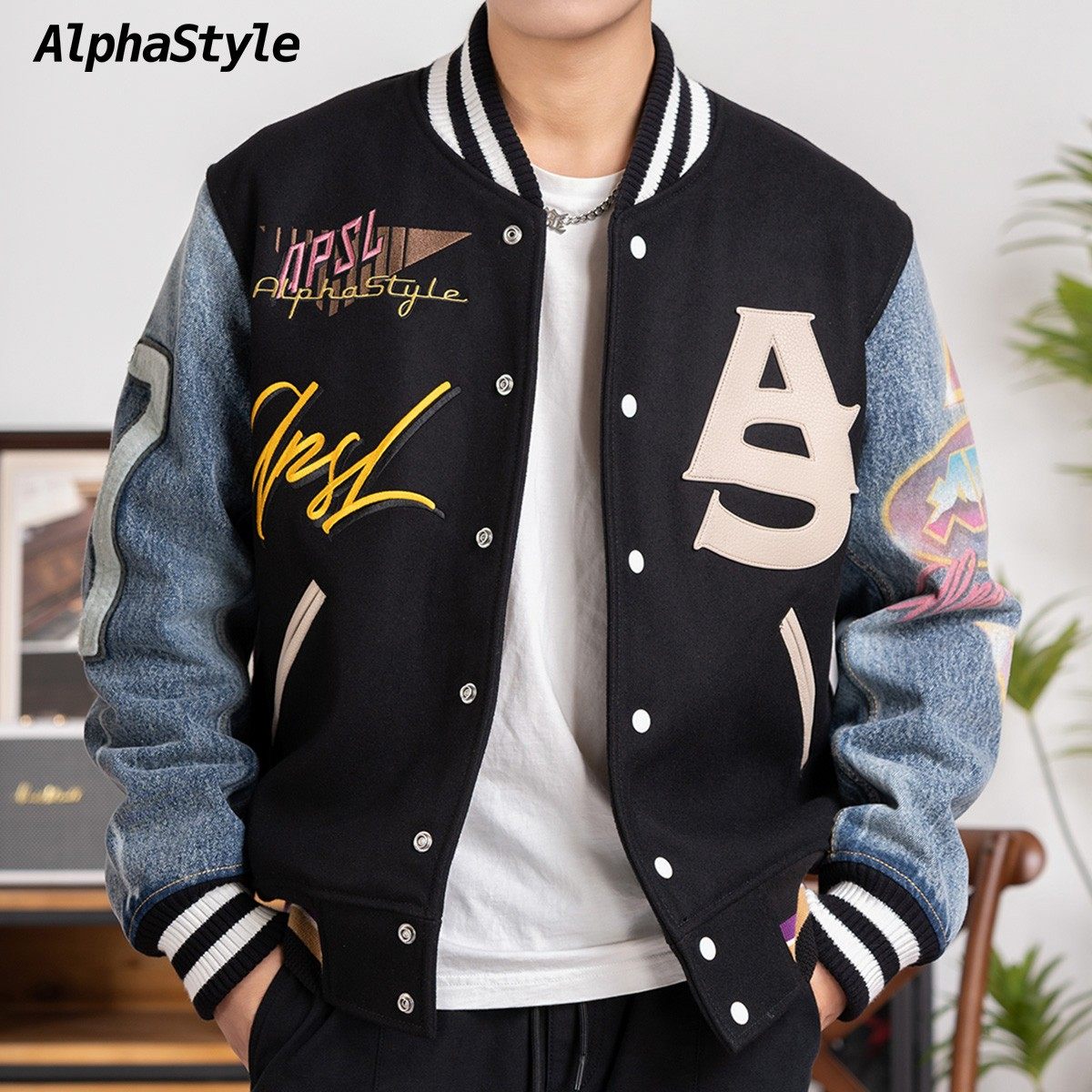 【明星同款】AlphaStyle秋季羊毛棒球夹克外套刺绣美式复古宽松男