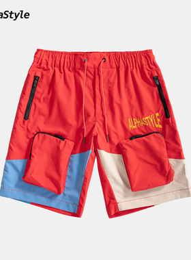 AlphaStyle夏季多巴胺拼色五分短裤登山运动时尚休闲宽松刺绣男女