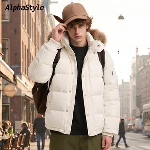 Alphastyle新品时尚休闲连帽毛领可拆帽羽绒外套鹅绒保暖男女款