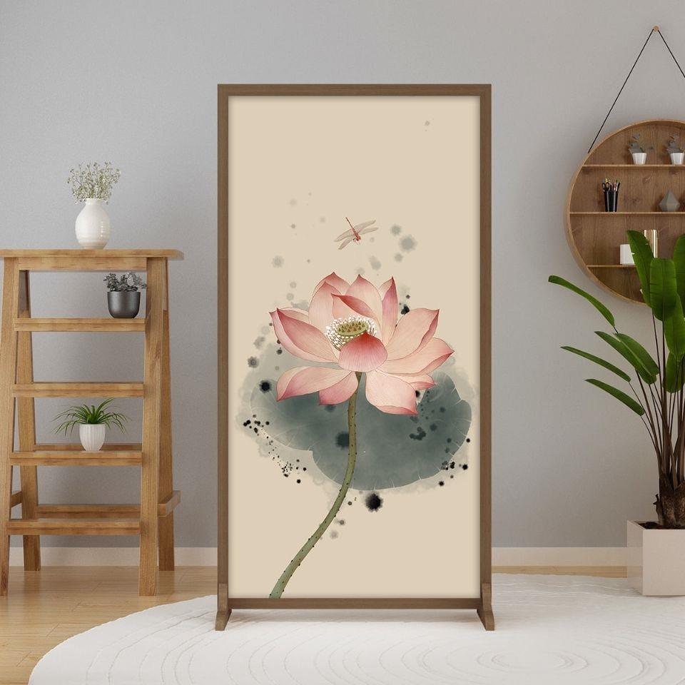 中式简约现代隔断入户布艺遮挡客厅木质屏风玄关装饰移动座屏拉车