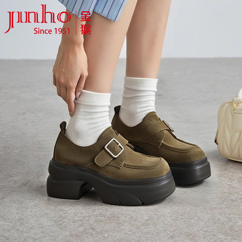 金猴厚底乐福鞋增高女鞋2025年新款秋季牛反绒小皮鞋女士休闲皮鞋